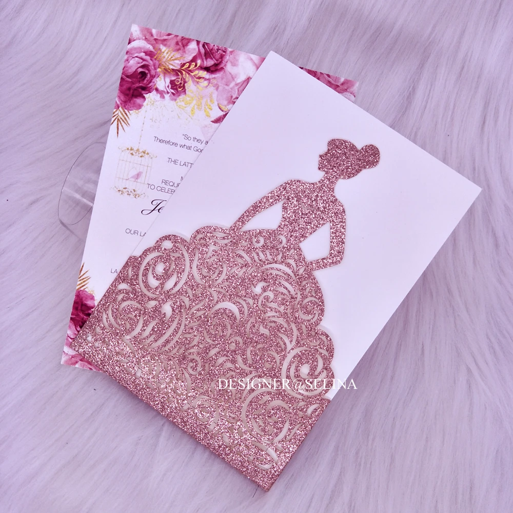 Розовые золотые блестящие лазерные вырезанные приглашения Quinceanera для невесты