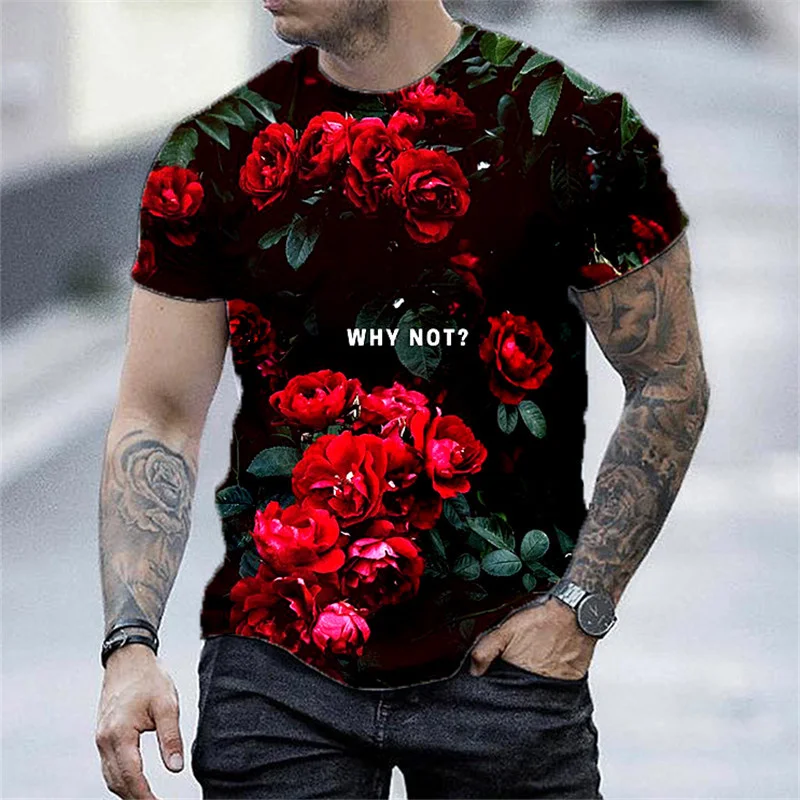 

Print rose flower hip-hop T-shirt for men and women 3D machine printed oversized top Harajuku style summer short sleeves