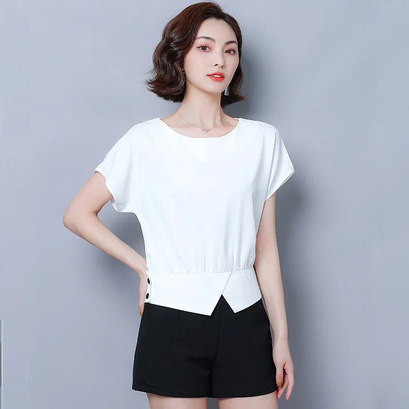 Women's round neck slim short sleeve chiffon T-shirt summer red |