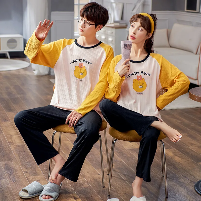 Новые осенне-зимние хлопковые Пижамные комплекты для пар с длинным рукавом в