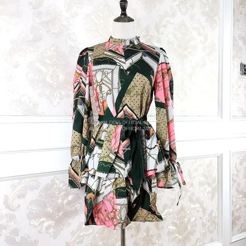 Весна 2020 винтажное платье с принтом и воротником-стойкой OL поясом длинным