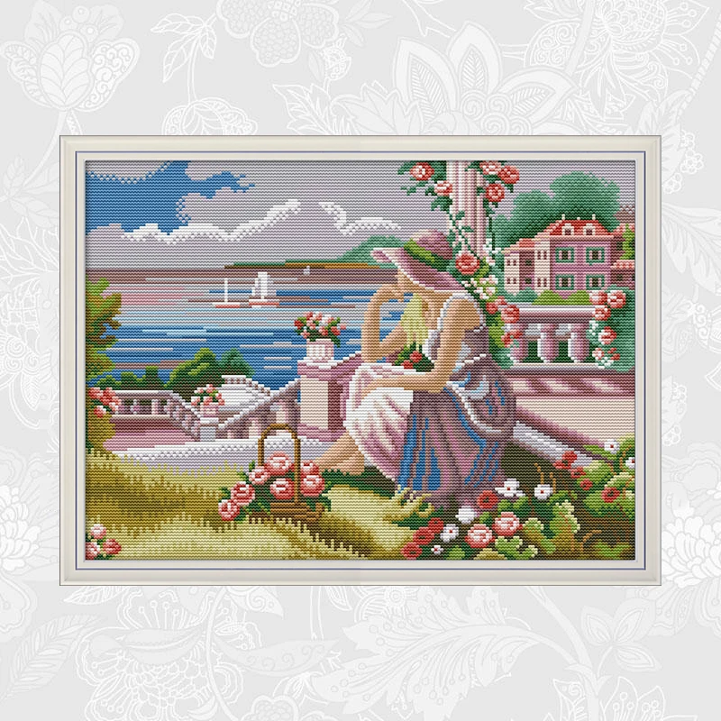 

A girl looking at the sea Cross-stitch Kits Count Print on Canvas DMC Embroidery Thread Sets DIY Handmade Needlework Crafts
