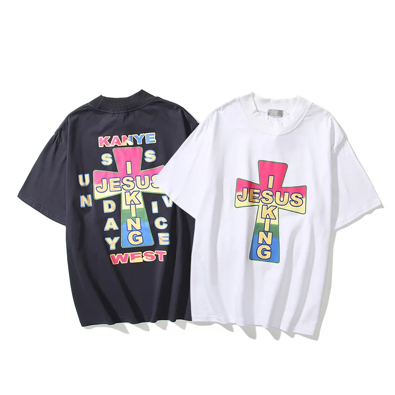 

2021 Kanye West Summer New Color Cross Printed Oversized T Shirt Men Crewneck Short Sleeve Hip Hop Male Harajuku Black Tees Tops