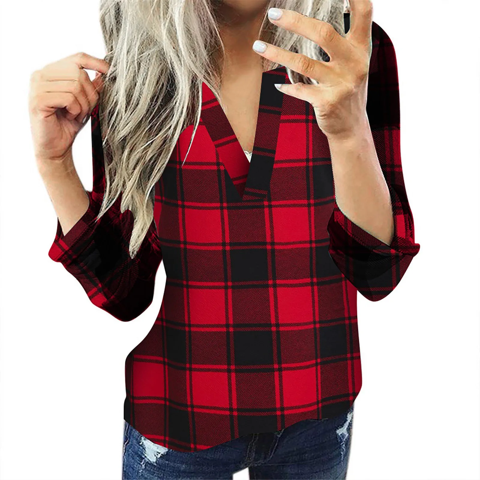 

Spring Autumn Women Plaid Top Blouse Long Sleeve Shirt For Leisure Tunics
