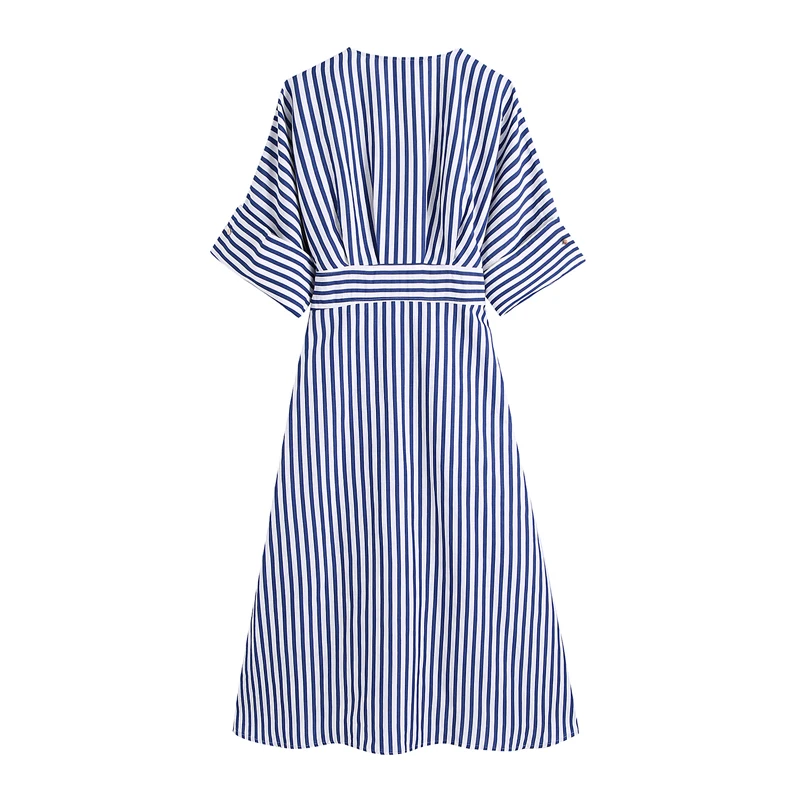

Office lady V-neck Short sleeve Midi dress New casual Single breasted striped print A-line dress with belt Female YNZZU 1D079