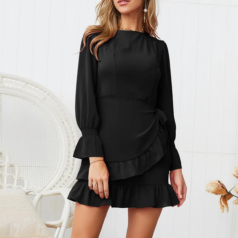 

Hot Womens Slim-fit Lace-up Solid Color Dress Lantern Sleeve Chiffon Casual Beach Dress