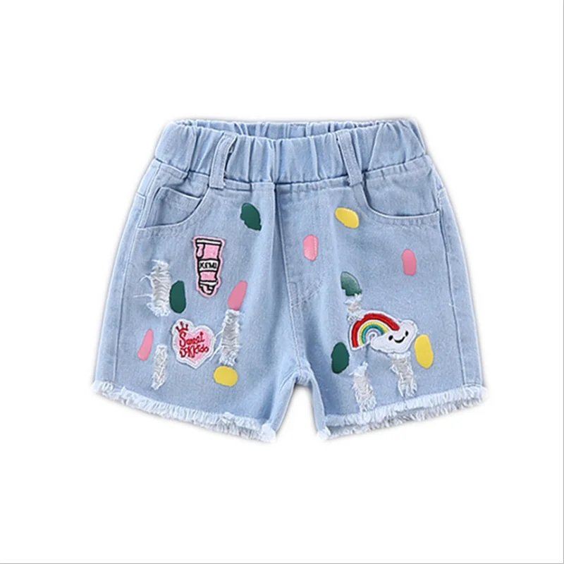 

Girls' Shorts for Summer Children's Clothing Kids Jeans with Colorful Spot Printing and Embroidery Rainbow Decoration