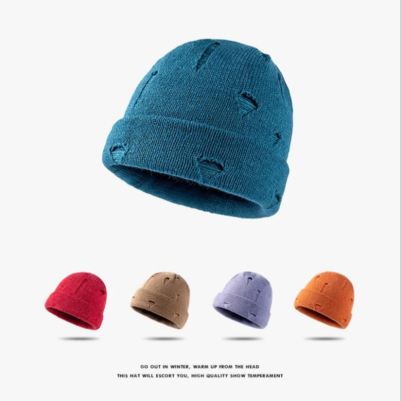 

2021 Beanies Hat Winter Harajuku Women Skullies Knitted Fashion Warm Thick Hat Autumn Hip hop Hole Unisex Basic Cap