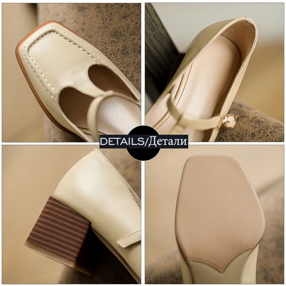 

WETKISS Women Genuine Leather Pumps Chunky Heels Fashion Buckle Square Toe Shoes Shallow Leather Spring Casual Retro Shoes 2021