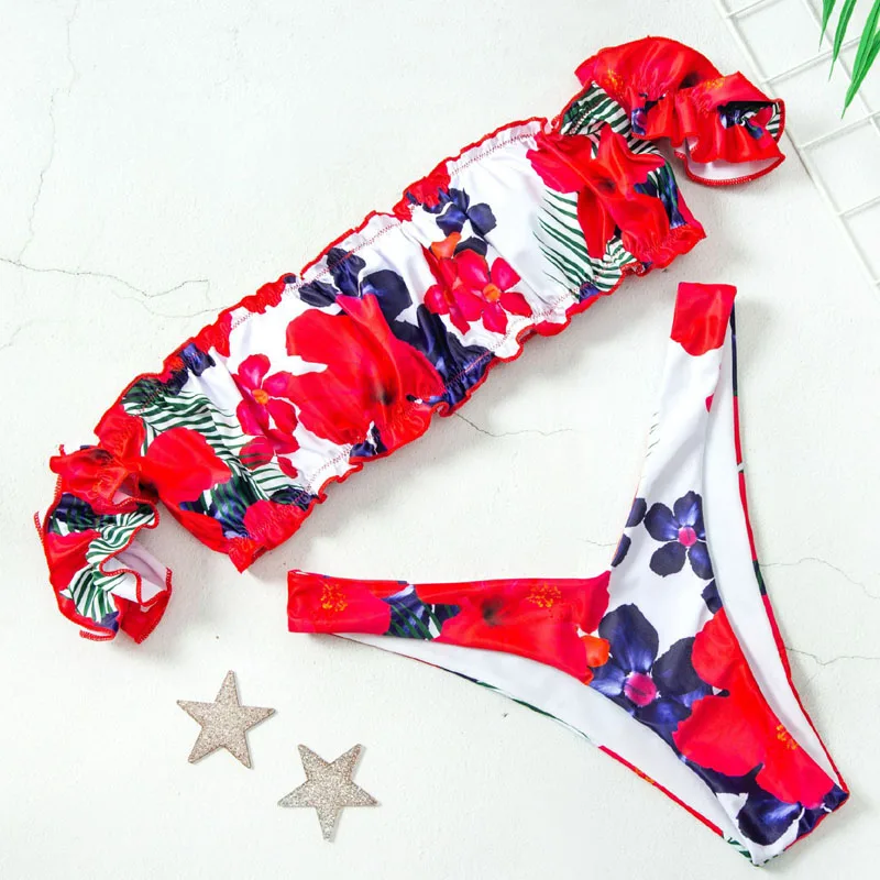 

Red Floral Ruffled High-Waisted Bikini Sets Sexy Off Shoulder Swimsuit Two Pieces Swimwear Women 2020 Beach Bathing Suits