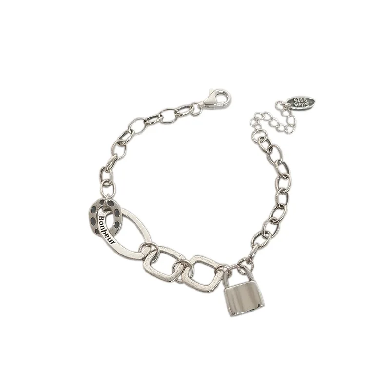 

Japan new s925 sterling silver heavy industry lock bracelet female ins fashion simple wild personality marcasite retro