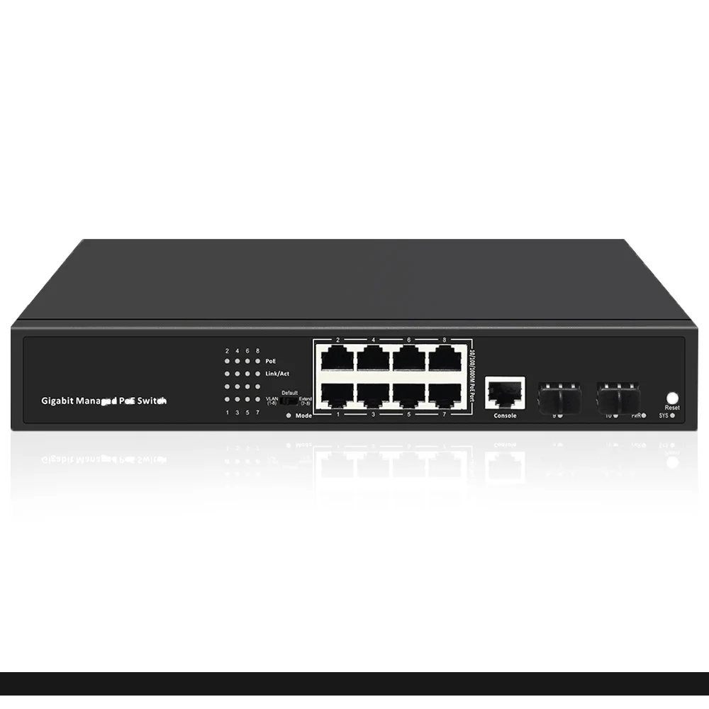 10 портов POE гигабитный сетевой коммутатор 2 канала SFP порт s + 8 гигабит 250 м мощность