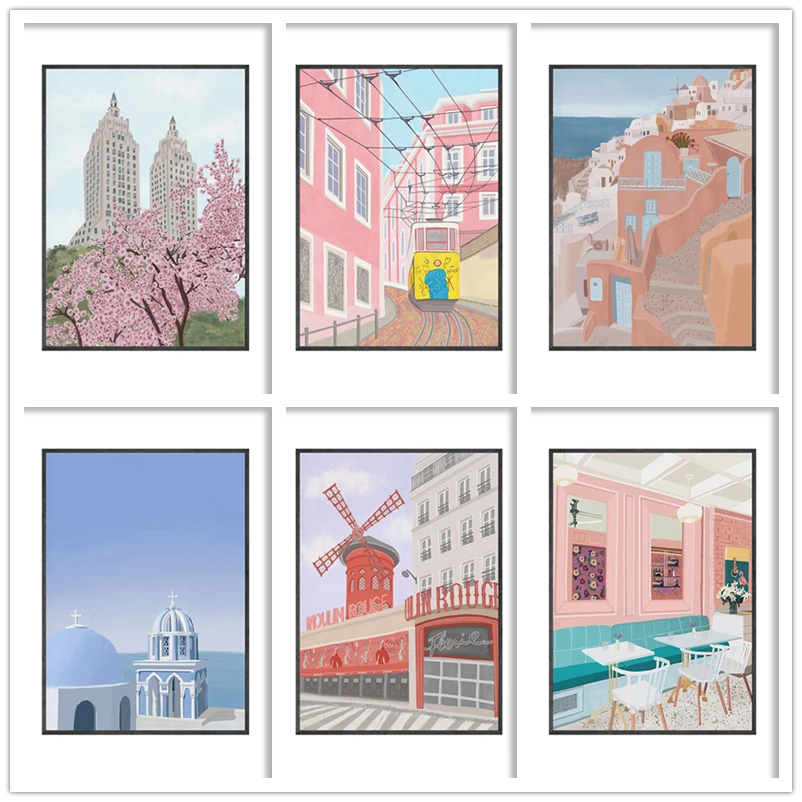 

Nordic Landscape Tourist City Poster Diy Diamond Painting Pink Building Cross Stitch Full Square Diamond Embroidery Home Decor