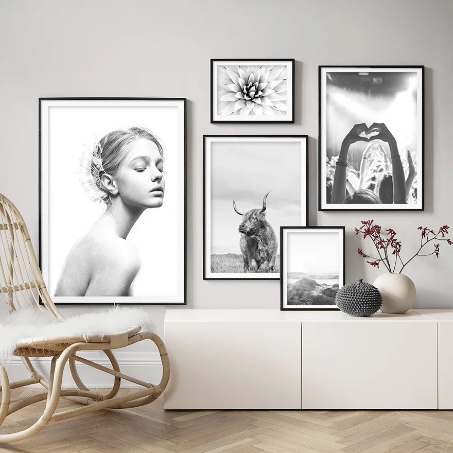 

Flower Fashion Girl Yak Landscape Nordic Posters And Prints Wall Art Canvas Painting Black White Wall Pictures For Living Room