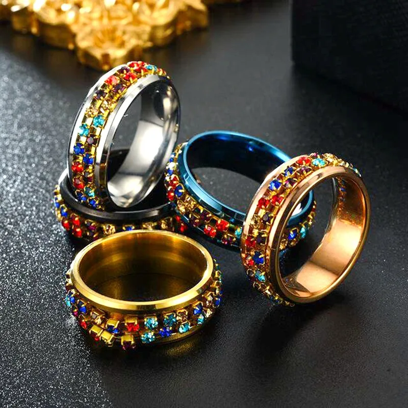 

Vintage Stainless Steel Multicolor Zircon Ring Women Spinning Rotatable Rings Women's Ring 2021 Trend Jewelry Accessories
