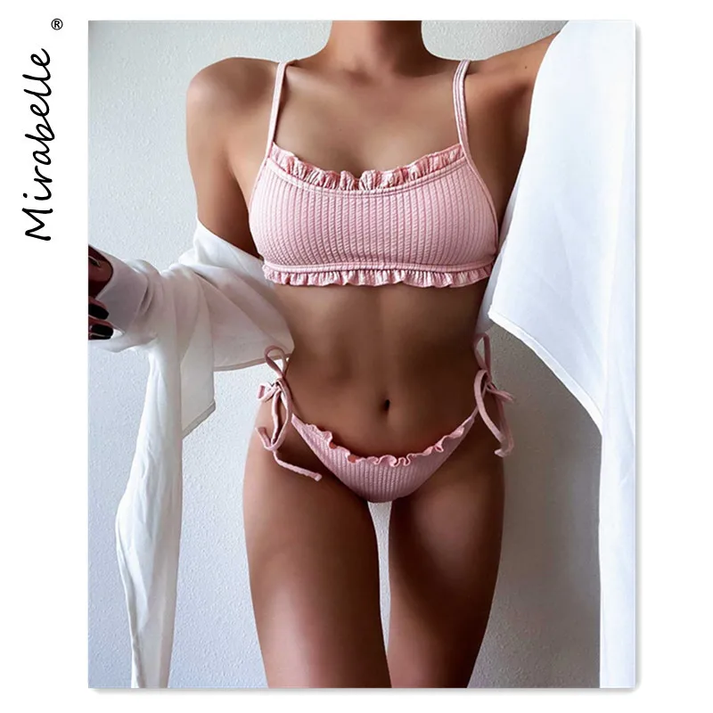 

Женский купальник-стринги с высокой талией, розовый купальник в рубчик, пляжная одежда, лето 2021