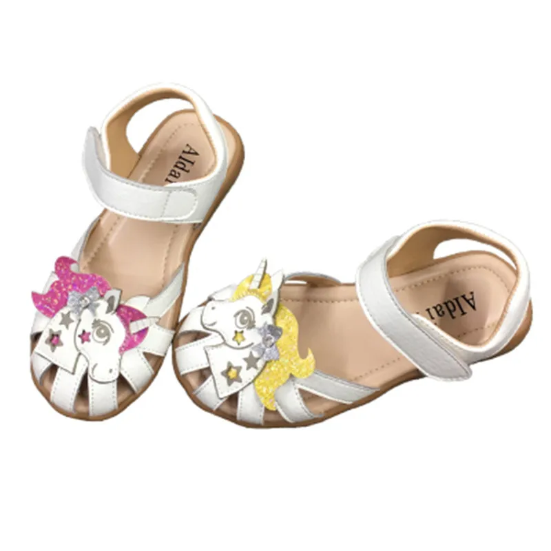 Сандалии для девочек с радужным единорогом мягкая кожа летняя обувь принцессы