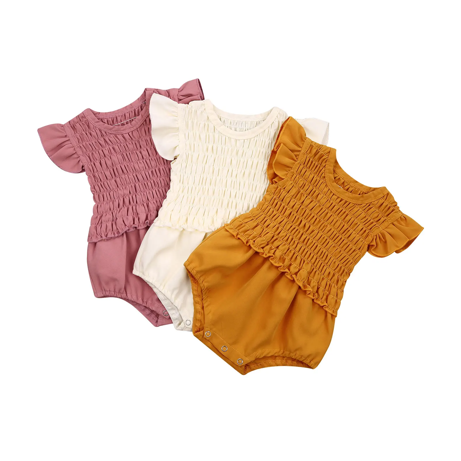 

0-18 Months New Baby Romper One-Pieces Solid Color Round Neck Fly Sleeve Bodysuit Playsuits for Girls Off-White/Yellow/Pink