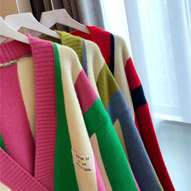 

High Street Women Winter Autumn Loose Lazy Wind Contrast Color Stitching Vertical Striped Jacket Sweater 2020 New Clothes