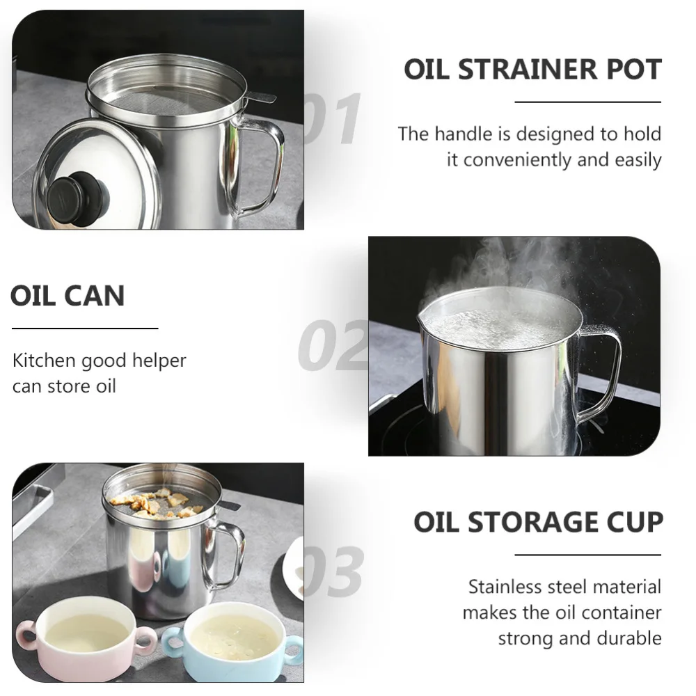 

1Pc Stainless Steel 1.4L Oil Storage Cup Oil Strainer Cup Oil Container (Silver)