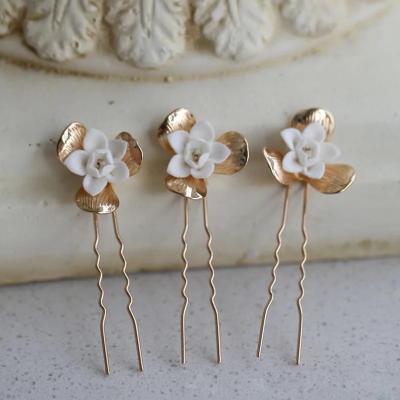 

SLBRIDAL Handmade Golden Copper Ceramic Flower Bridal Hair Pin Set Wedding Hair Sticker Hair Accessories Women Hair Jewelry