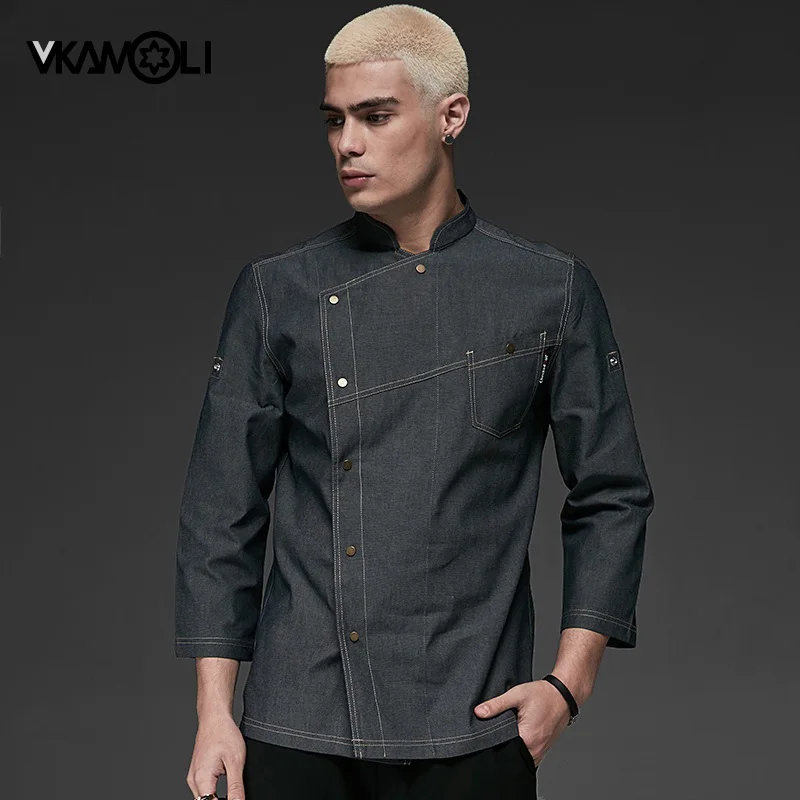 

vkamoli Long Sleeve Catering Restaurant Chef Jackets Food Serive Unisex Casual Blue Denim Fabric Hotel Uniform Chef Clothes