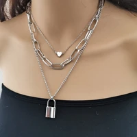 2022 gold heart lock retro multi layer chain geometric pendant choker necklace for women jewelry mothers day gift