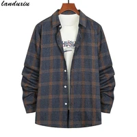 2022 new men casual plaid flannel shirt long sleeve chest design fashion printed button