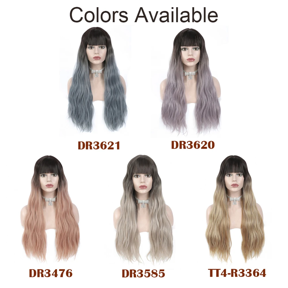 

Synthetic Honey Pink Wig With Bangs Long Natural Wave Colored Wigs Lolita Wig Heat Resistant Fiber Hair For Party Cosplay IPARTY