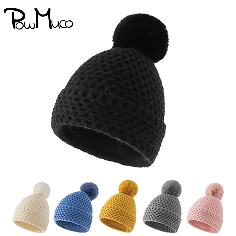

Powmuco Autumn and Winter Soft Warm Knitting Wool Caps with Fluffy Ball Women Solid Color Crochet Hat Girls Headwear Photo Props