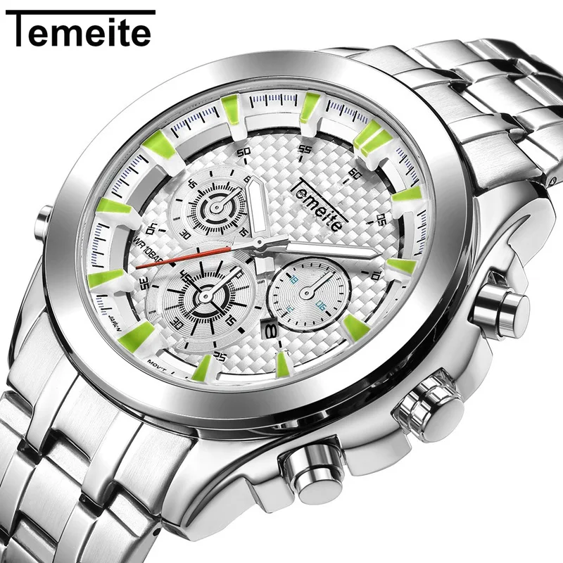 Спортивные Повседневные Мужские кварцевые часы Temeite мужские из нержавеющей