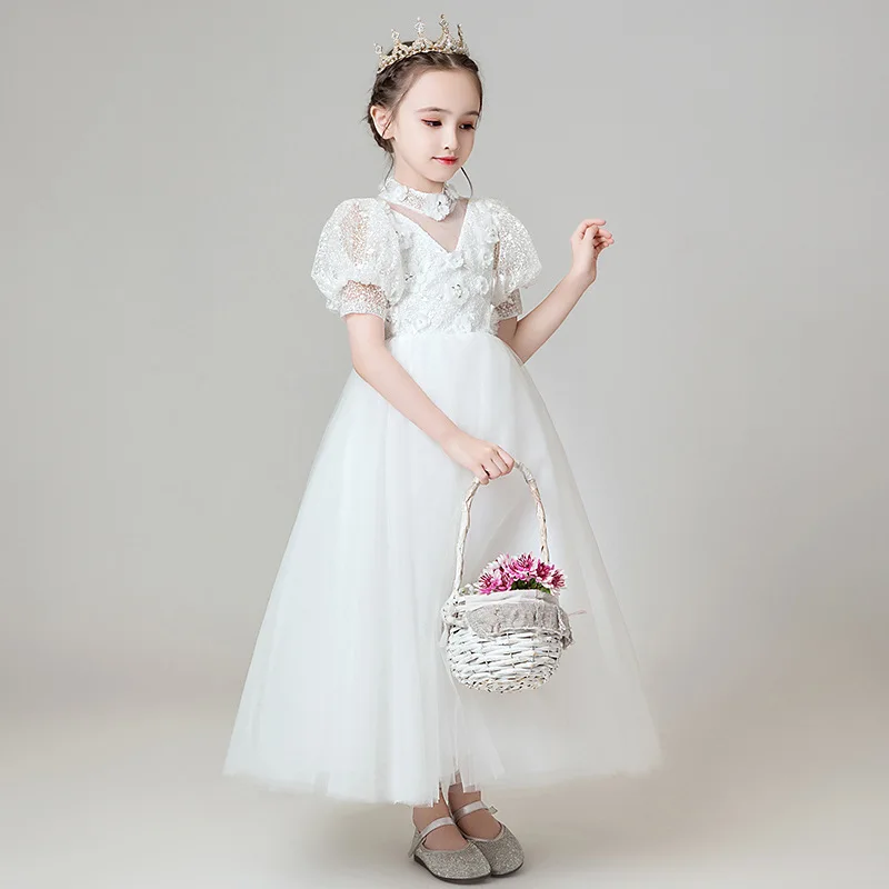 

Kids Girl White Ball Gowns Flower Girl Dresses Princess Wedding Gowns Puff Sleeve Beading Flower Birthday Party Dress