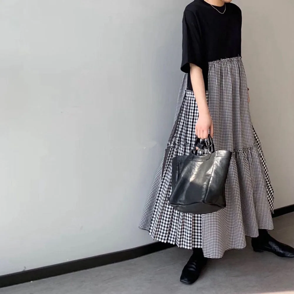 

Vintage Plaid Patchwork Dress Fake Two-pieceFemale Summer Design Niche Irregular Temperament Gentle Wind Big Swing Dresses