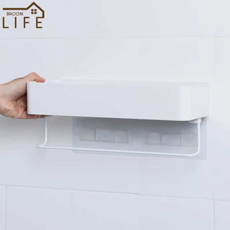 

White Bathroom Shelf WC Bath Storage Basket Kitchen Organizer Towel Rack Holder Wall-mounted Floating Shelf Bathroom Accessories