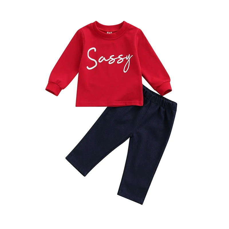 

New Year Children Casual Two-piece Clothes Set, Red Letters Printed Pattern Pullover and Elastic Waist Trousers For Babies