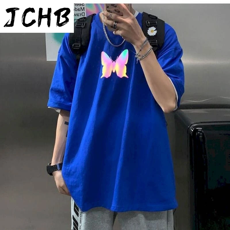 

2021 Reflective Korean Tshirts Short Sleeve Preppy t Shirt Vintage Plus Size Clothing Summer Print T-shirts O-neck Couple Graphi