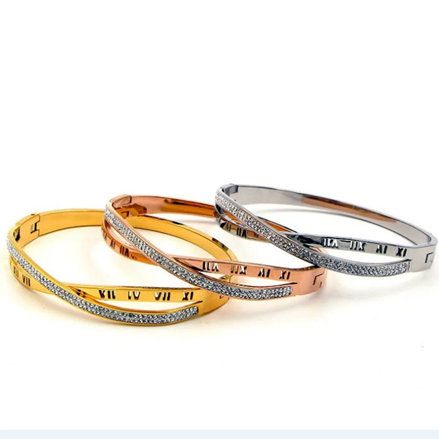 Римские цифры Роскошные CZ H манжеты цвета розового золота женские браслеты крест