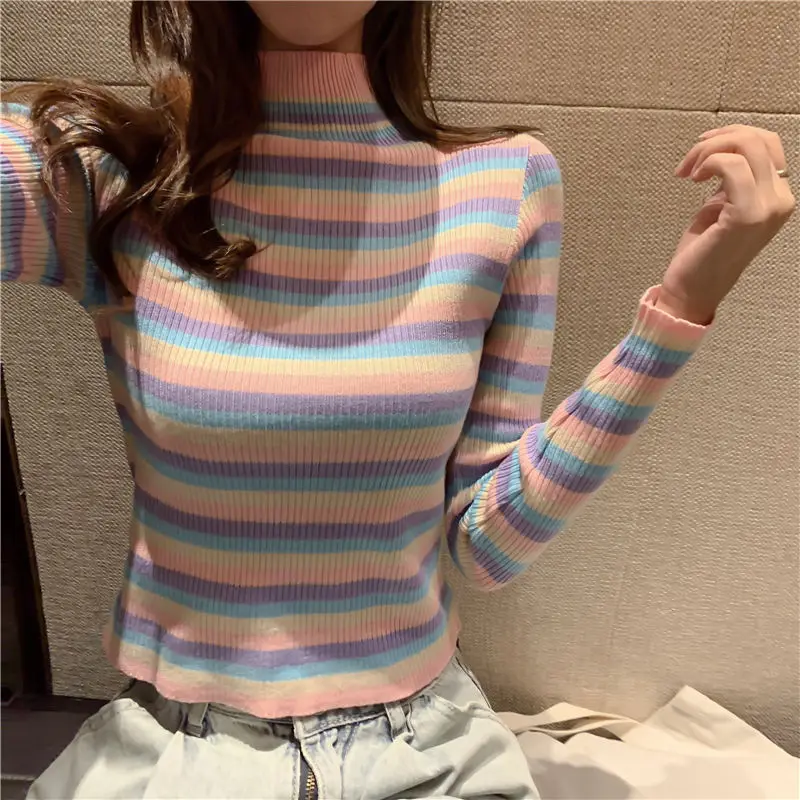 Vangull женский свитер в радужную полоску джемпер вязаная одежда модные облегающие