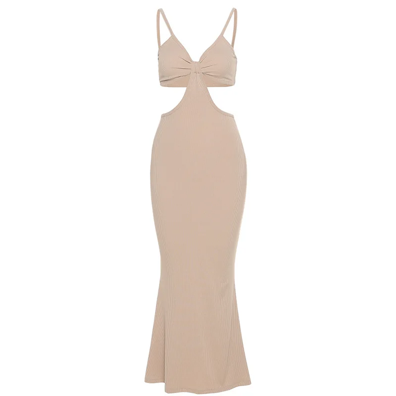 

Holiday Knitted Long Dress Deep V-neck Hollow Out Backless Spaghetti Straps Female Bodycon Sleeveless Ladies Sexy Clothing