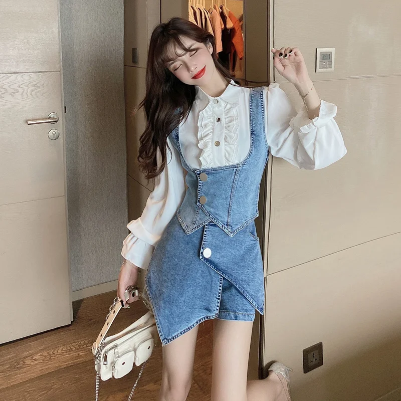 

Джинсовый костюм, рубашка в Корейском стиле на раннюю осень 2021, Приталенный жилет с длинным рукавом, кюлоты с высокой талией, комплект из тре...