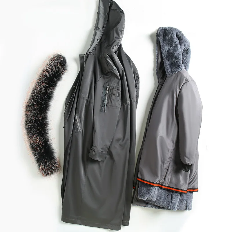 

Women Winter Parkas Black Slim Hooded Rex Rabbit Fur Coats Pockets Drawstring Warm Overcoats Detachable Female Jackets Long 2021