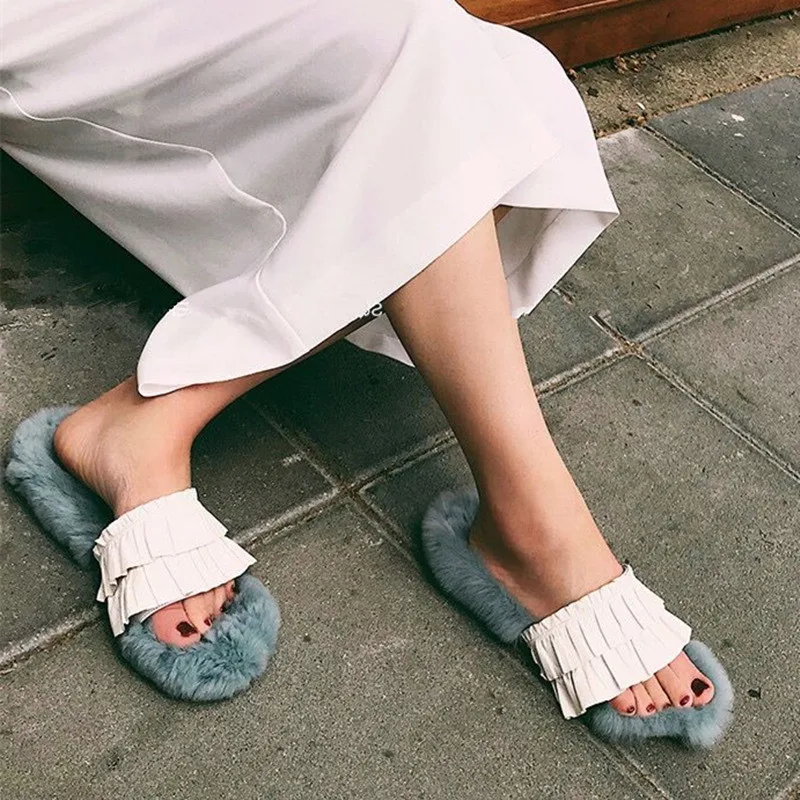 Женские Плиссированные кожаные меховые шлепанцы Модные Повседневные туфли на