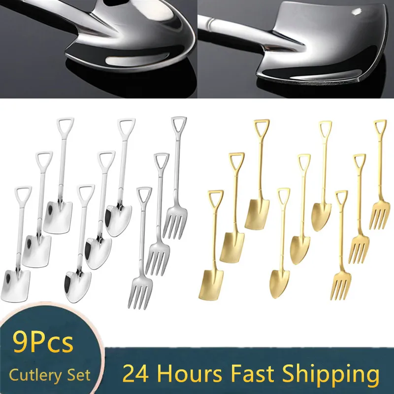 

9PCS Coffee Spoon Cutlery Set Stainless Steel Retro Iron Shovel Ice Cream Spoon Scoop Creative Spoon tea-spoon Fashion Tableware
