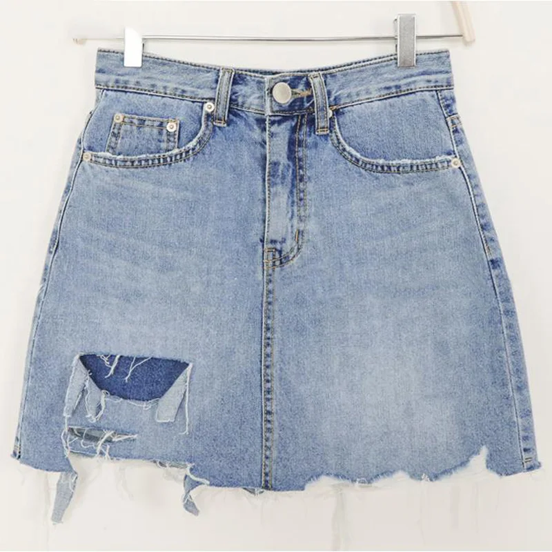 

Sister Fara Fashion High Waist Ripped Holes Denim Skirt for Girls Summer Slim Package Hip Mini Denim Skirts Women's Jeans Skirt