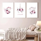 Постеры на заказ с именем девушки, розовые цветы, единорог, холст, картина для детской, настенная печать, скандинавский декор, картина, декор для детской комнаты