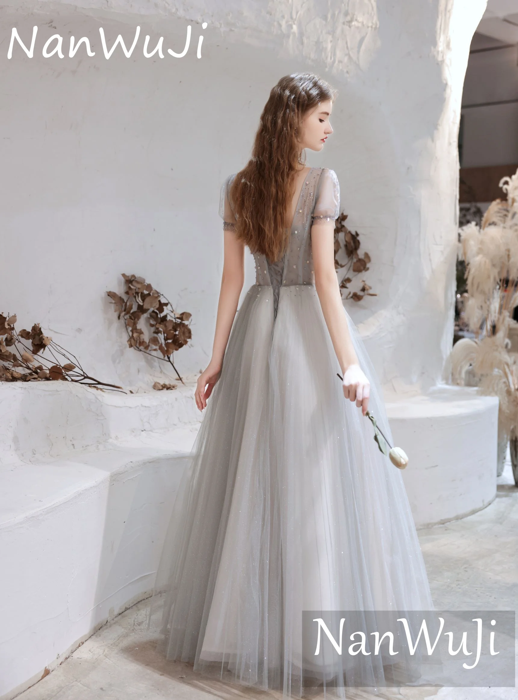 

2021 Princess Wedding Long Dress In Stock V-neck Puff Shoulder with Beaded A-Line De Soire De Mariage Vestidos De Fiesta