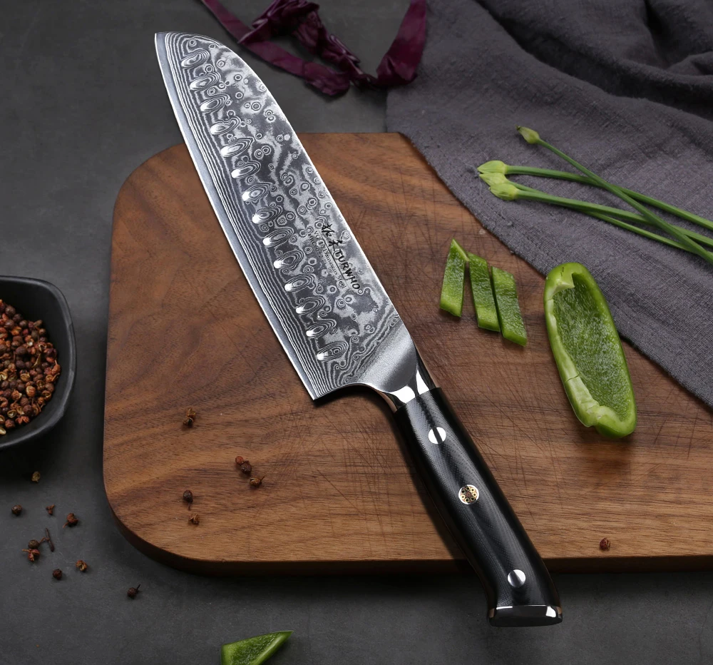 TURWHO 7 дюймовый нож Santoku 67 слоев дамасской стали японский шеф повара