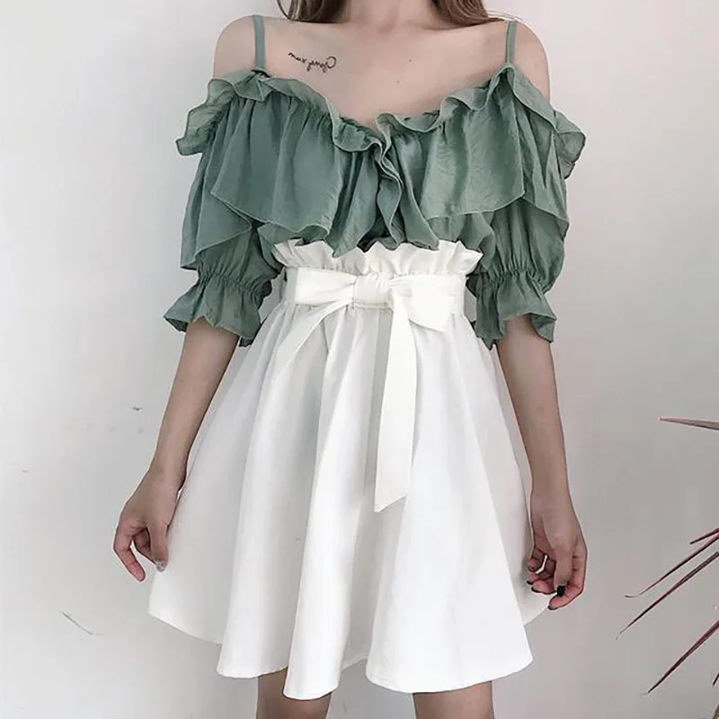 

.Harajuku suit pure desire two-piece solid color ruffled off-shoulder top + strap high waist flower bud skirt suit y2k tops