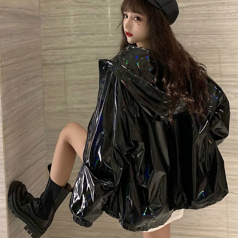 

Korean Woman Harajuku Street Dark Punk Girl Hoodie Jacket Renaissance Cool Girl Glossy PU Waterproof Gothic Sexy Woman Jacket