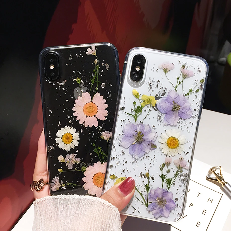 

Qianliyao Dried Flower Silver foil Clear Phone Cases For Xiaomi Redmi Note 10 9 7 Pro Note 8 9 Pro Plus Soft Floral Back Cover